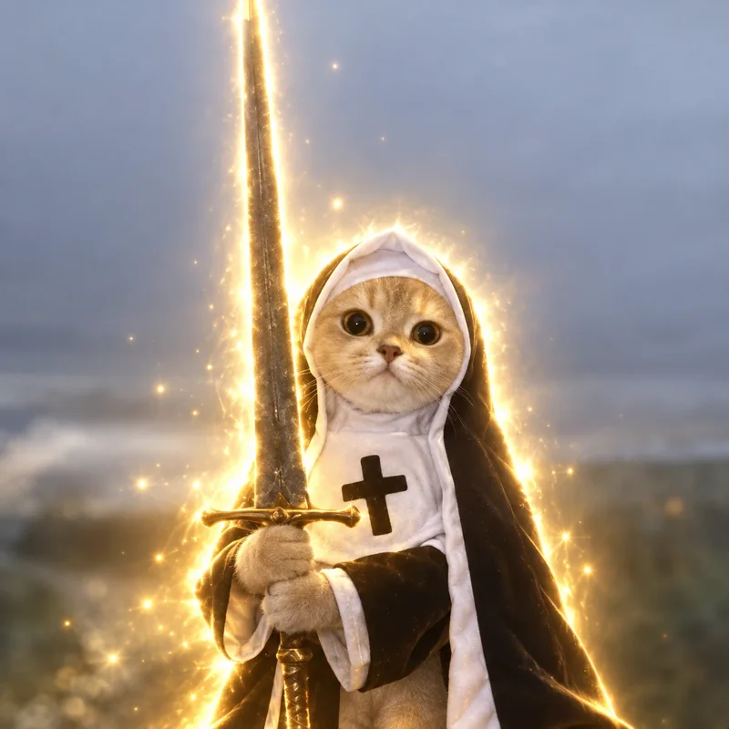 A cream kitten in a nun's habit holding a glowing sword twice her height