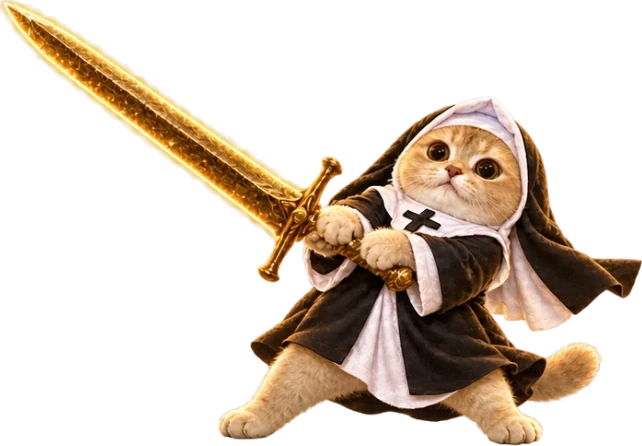 The kitten swinging a golden sword far bigger than she is